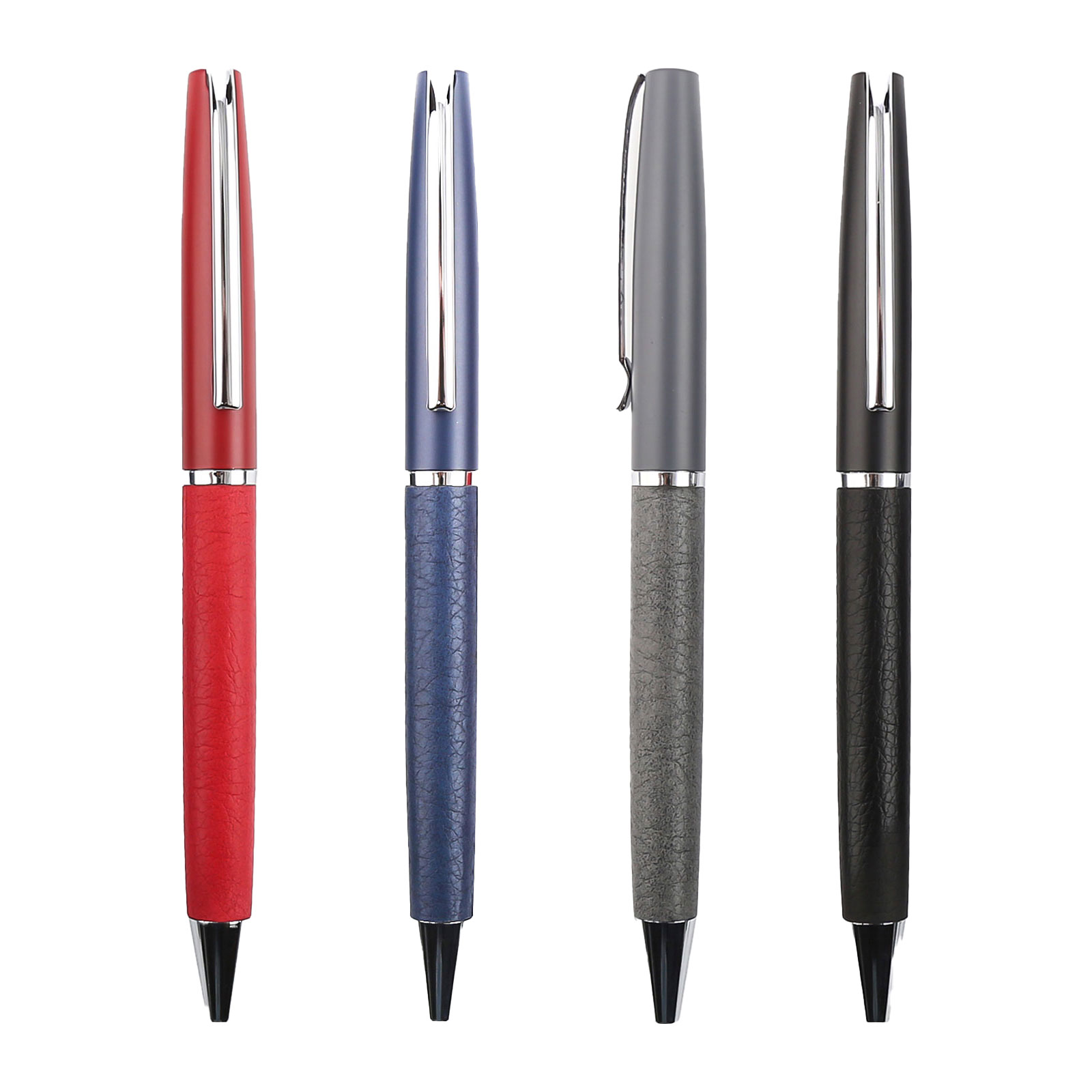 قلم جاف معدني باللون الرمادي مع تفاصيل جلدية