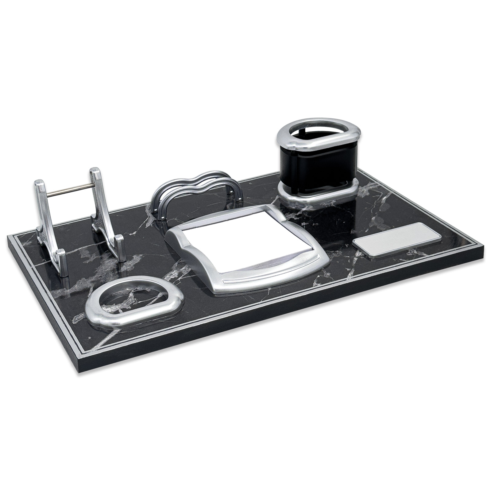 طقم مكتبي من الرخام الأسود الطبيعي مع اكسسوارات فضية 